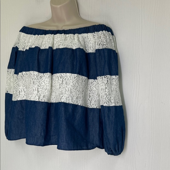 English Factory - Blue And White Lace Stripe Off The Shoulder Blouse Size Small - Picture 5 of 10